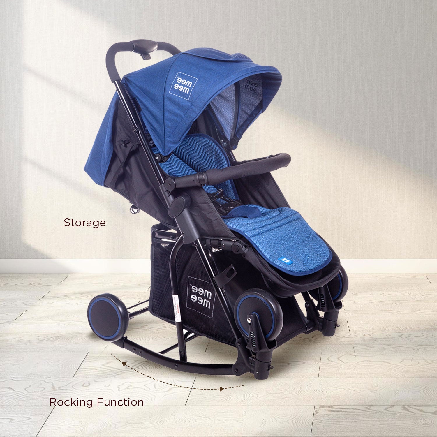 Mee Mee Premium Baby Pram with Rocker Function | Large Basket | One Hand Folding - Blue