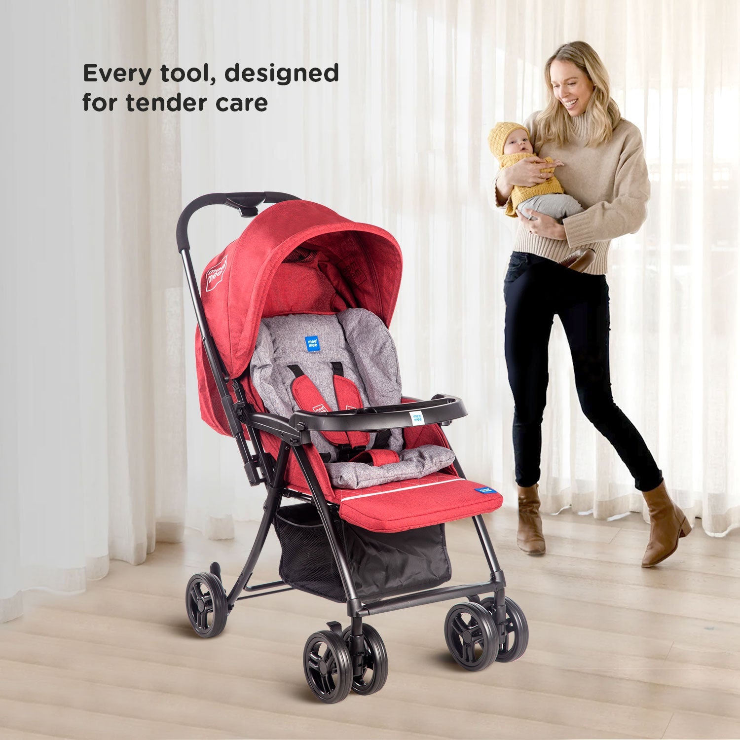 Mee Mee Premium Stylish Portable Baby Stroller Pram with Compact Tri-Fold | Travel-Friendly - Red