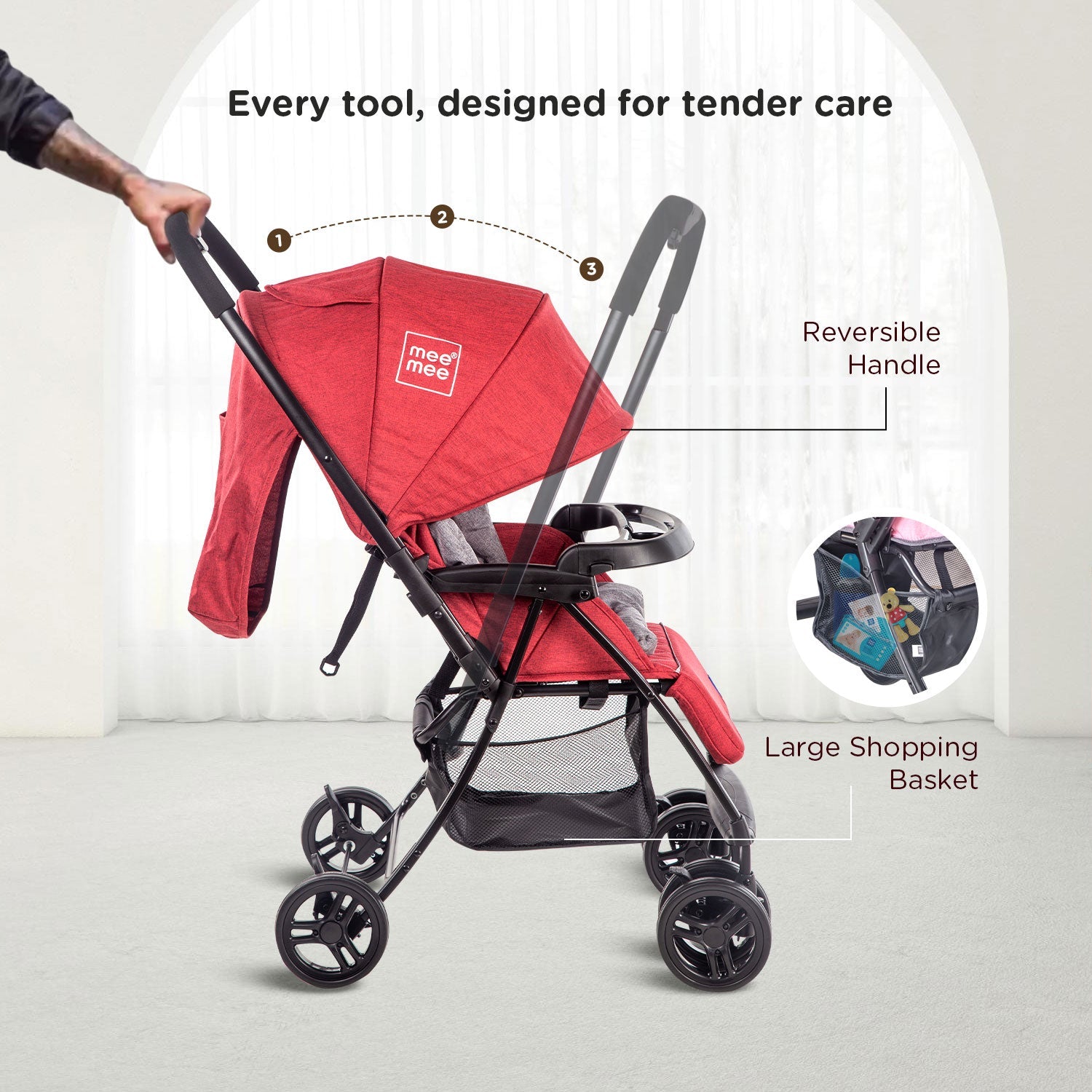 Mee Mee Premium Stylish Portable Baby Stroller Pram with Compact Tri-Fold | Travel-Friendly - Red
