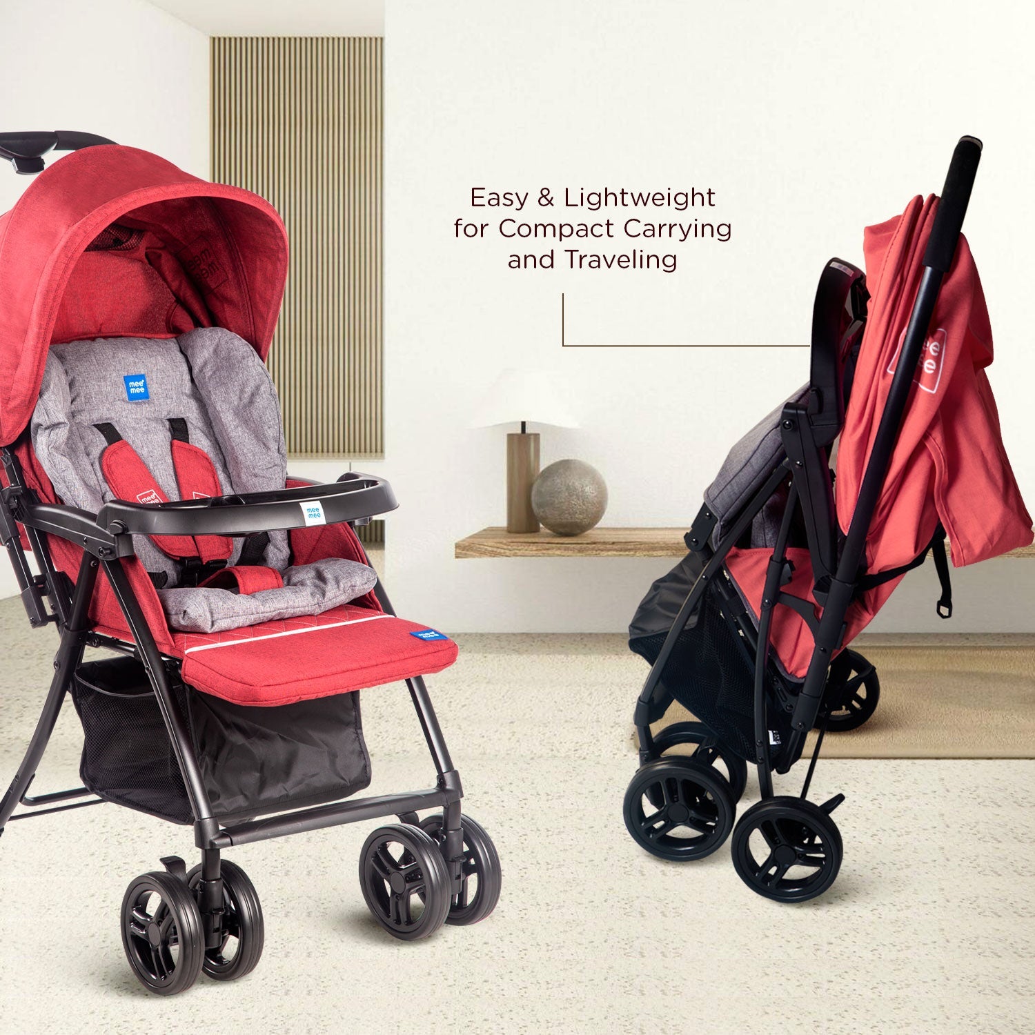 Mee Mee Premium Stylish Portable Baby Stroller Pram with Compact Tri-Fold | Travel-Friendly - Red