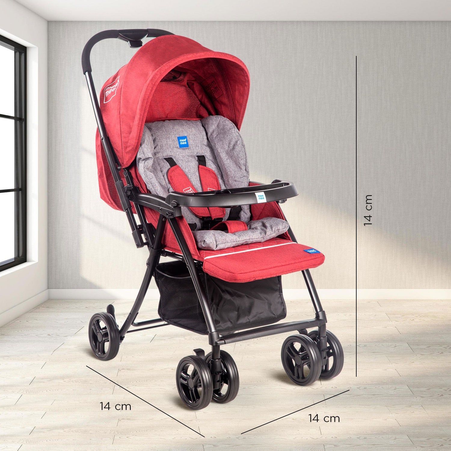 Mee Mee Premium Stylish Portable Baby Stroller Pram with Compact Tri-Fold | Travel-Friendly - Red