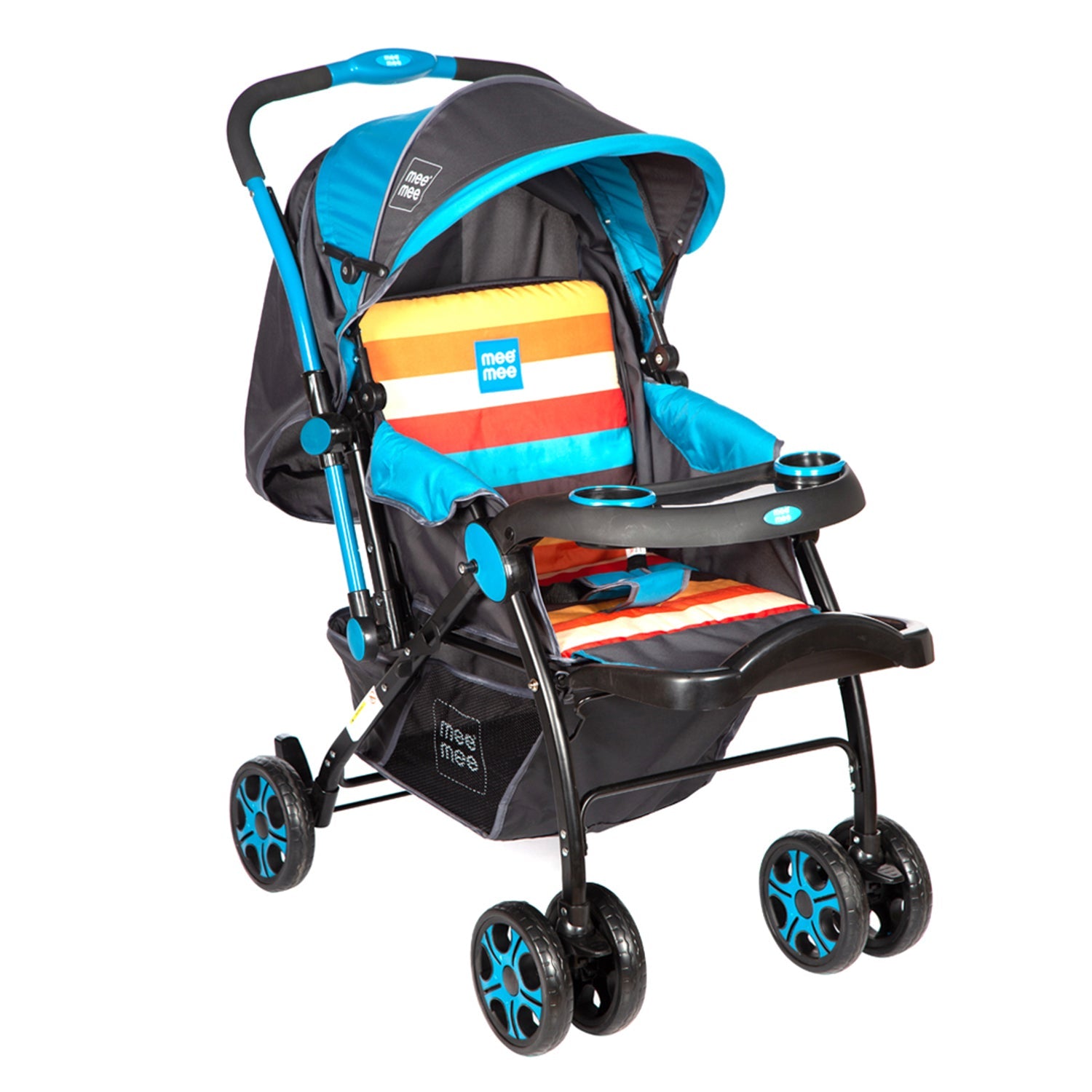 Mee Mee Spacious Baby Pram With 3 Position Seating | Reversible Handle | Feeding Tray - Blue
