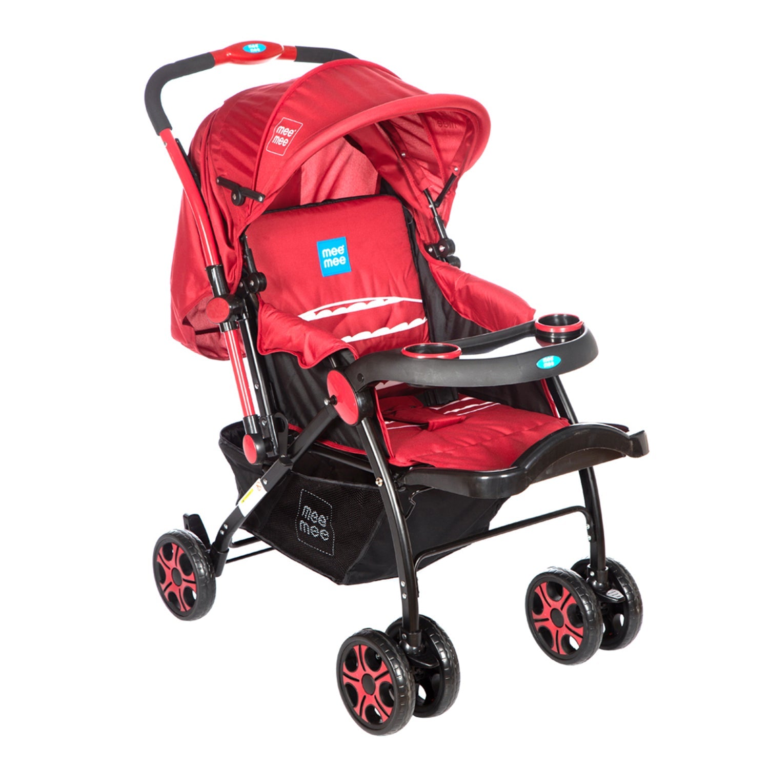 Mee Mee Spacious Baby Pram with Multiple Position Seating | Reversible Handle | Feeding Tray - Red