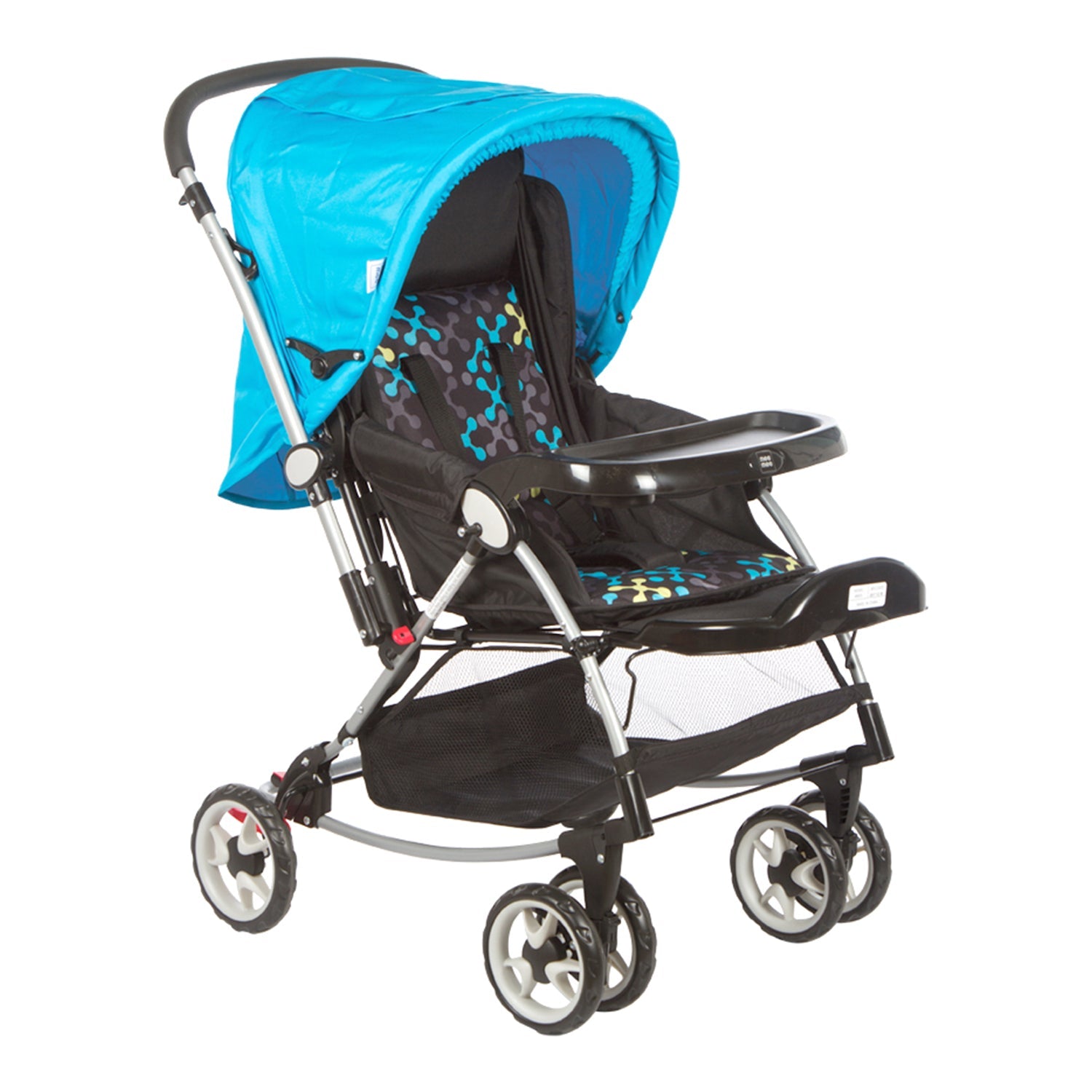 Mee Mee Baby Pram with Rocker Function and 3 Seating Positions with Feeding Tray - Blue Printed