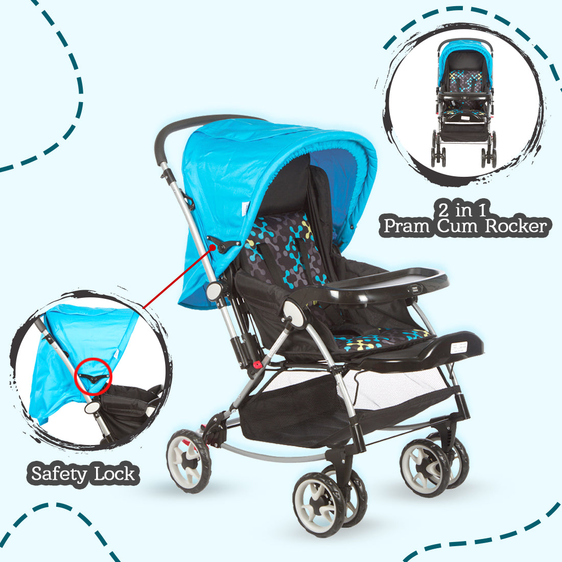 Mee Mee Baby Pram with Rocker Function and 3 Seating Positions with Feeding Tray - Blue Printed