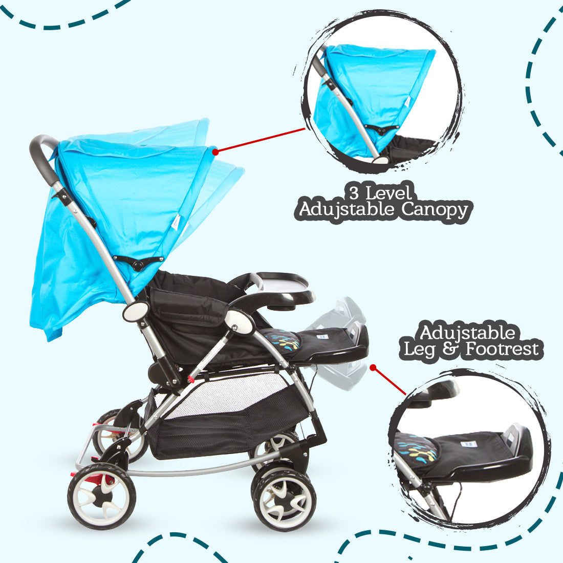 Mee Mee Baby Pram with Rocker Function and 3 Seating Positions with Feeding Tray - Blue Printed