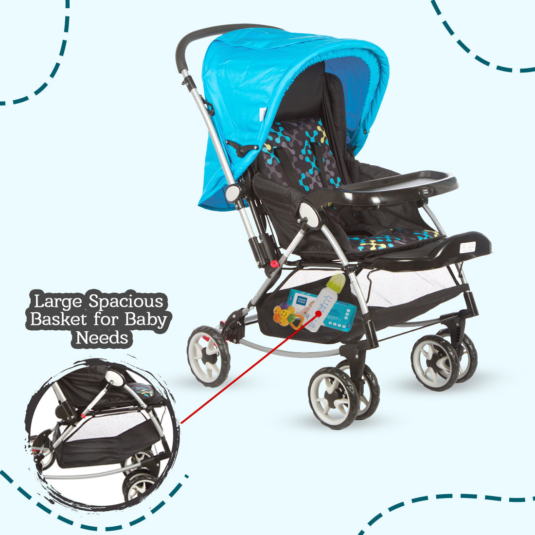 Mee Mee Baby Pram with Rocker Function and 3 Seating Positions with Feeding Tray - Blue Printed