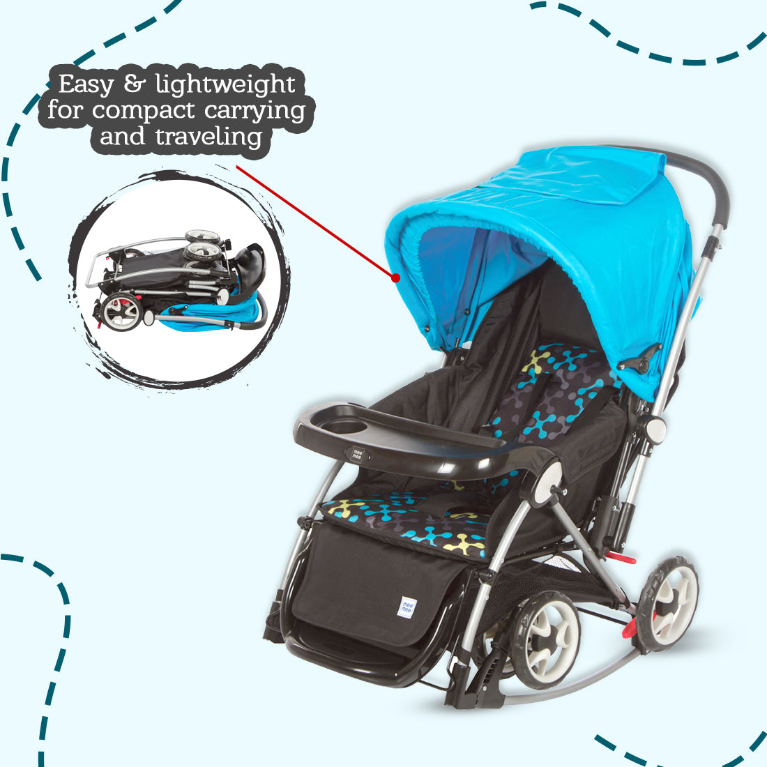 Mee Mee Baby Pram with Rocker Function and 3 Seating Positions with Feeding Tray - Blue Printed
