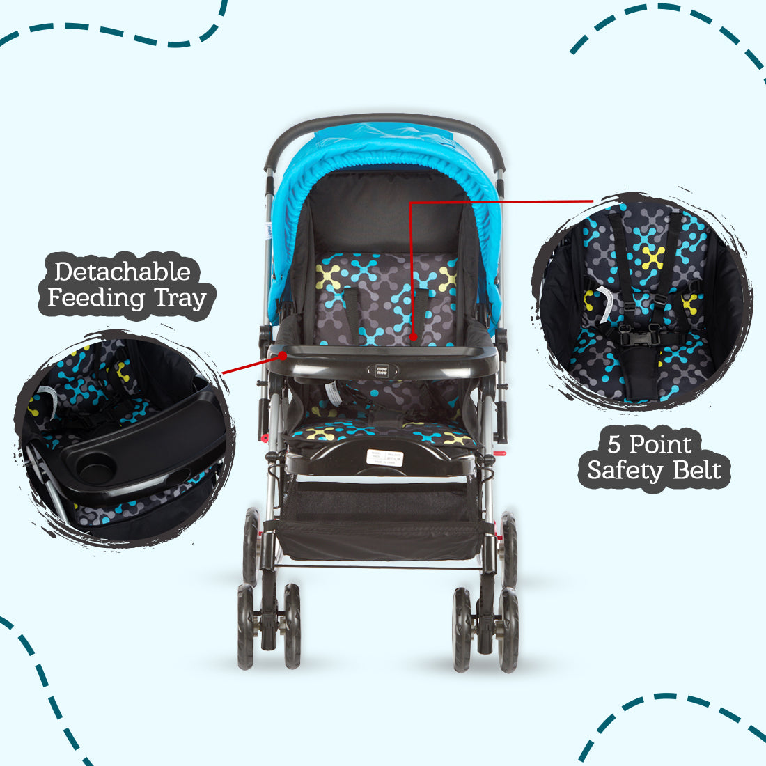 Mee Mee Baby Pram with Rocker Function and 3 Seating Positions with Feeding Tray - Blue Printed