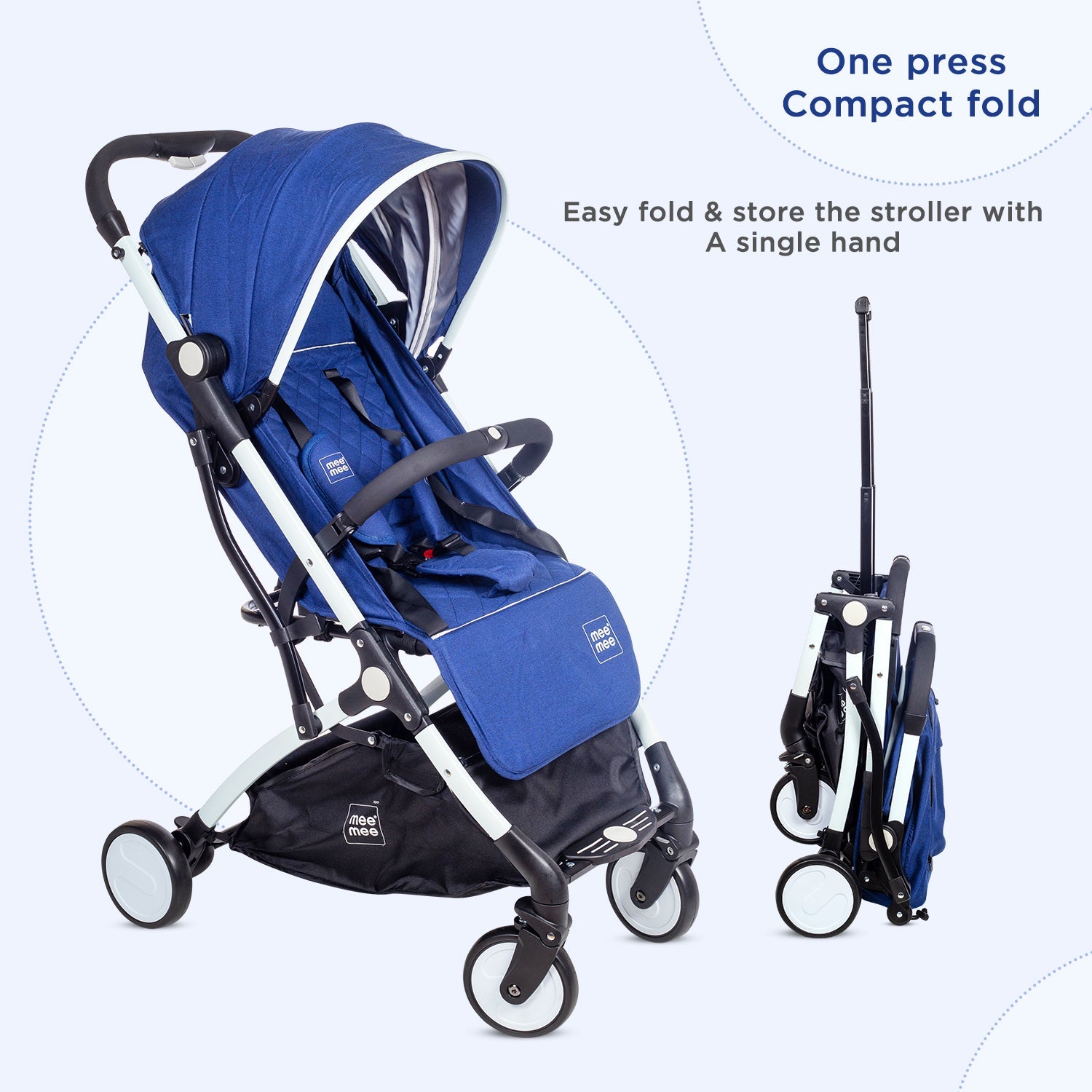 Mee Mee Premium Stylish Portable Baby Stroller Pram with Compact Tri-Fold | Travel-Friendly - Blue