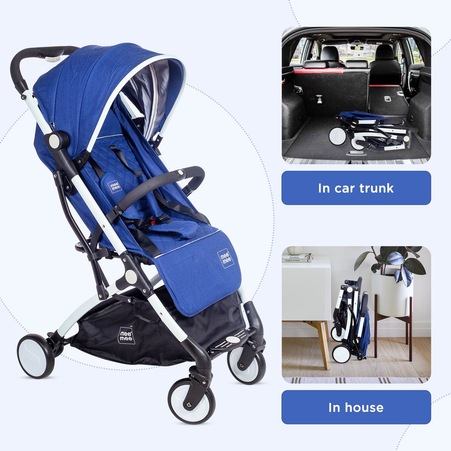 Mee Mee Premium Stylish Portable Baby Stroller Pram with Compact Tri-Fold | Travel-Friendly - Blue