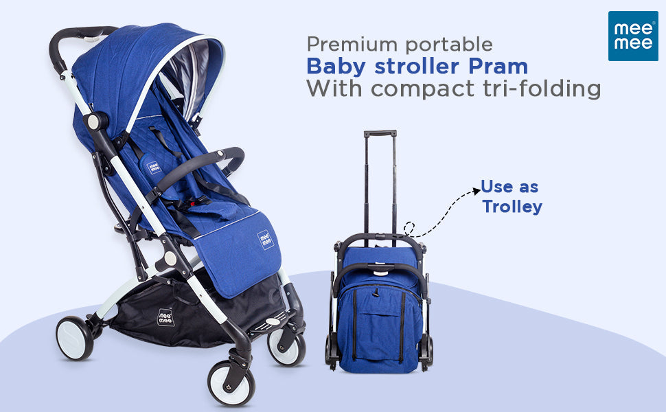 Mee Mee Premium Stylish Portable Baby Stroller Pram with Compact Tri-Fold | Travel-Friendly - Blue