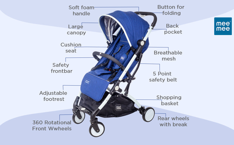 Mee Mee Premium Stylish Portable Baby Stroller Pram with Compact Tri-Fold | Travel-Friendly - Blue
