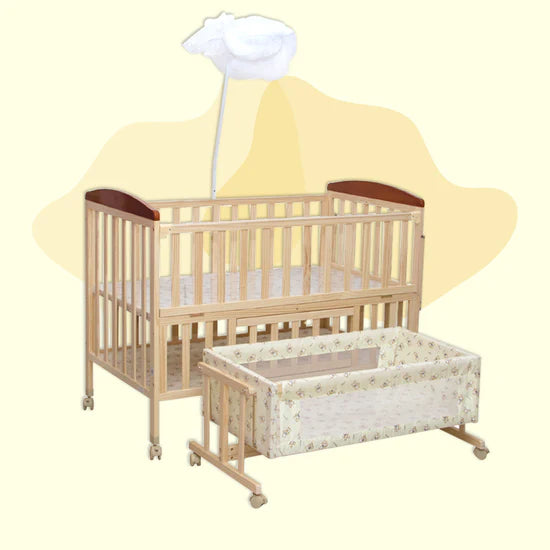Mee Mee Wooden Baby Cot with Swinging Cradle & Mosquito Net | Adjustable Height Baby Crib Bed