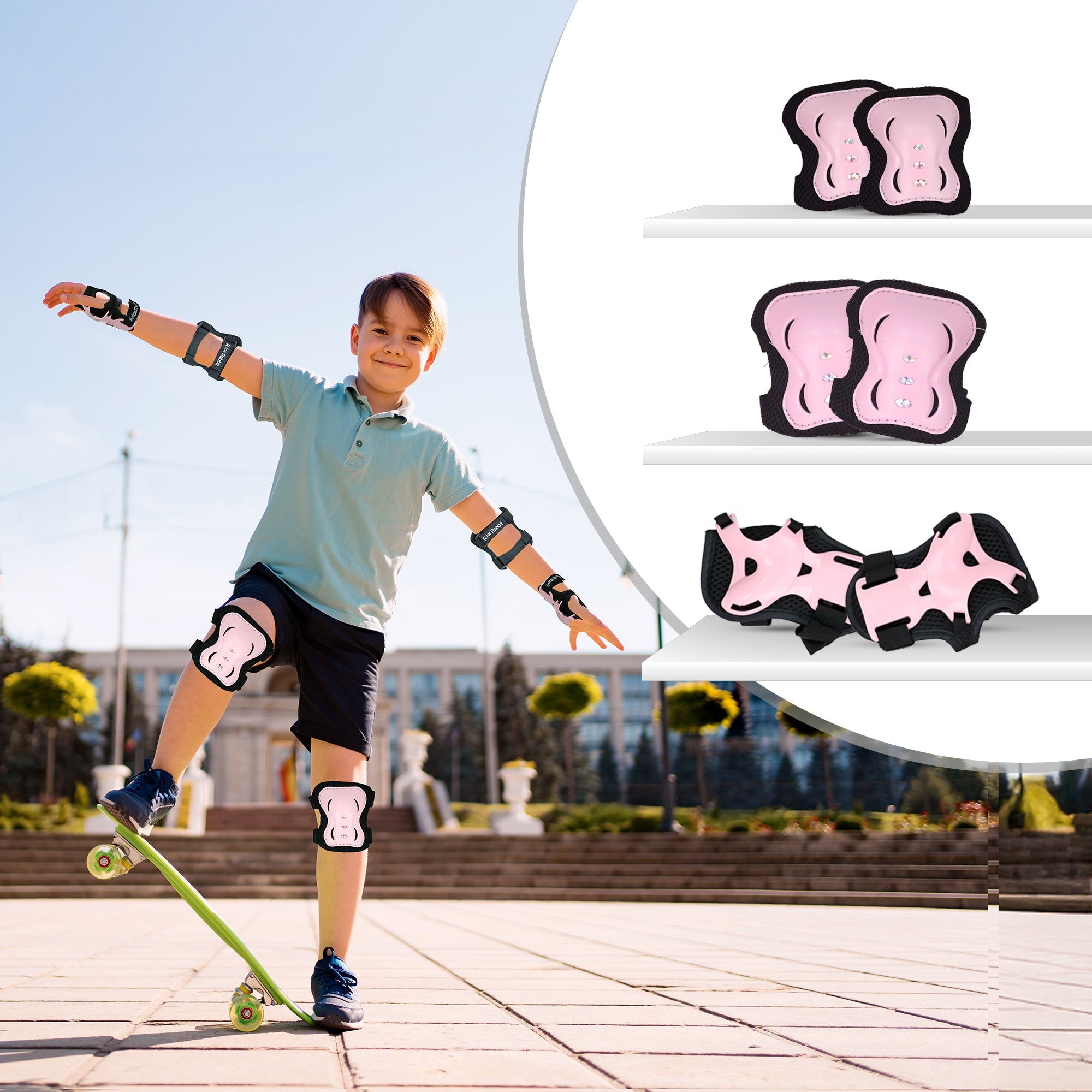 R for Rabbit Kids Safety Protector Pads Set, Cushioned Knee, Elbow & Wrist Guards for Outdoor Riding & Sports