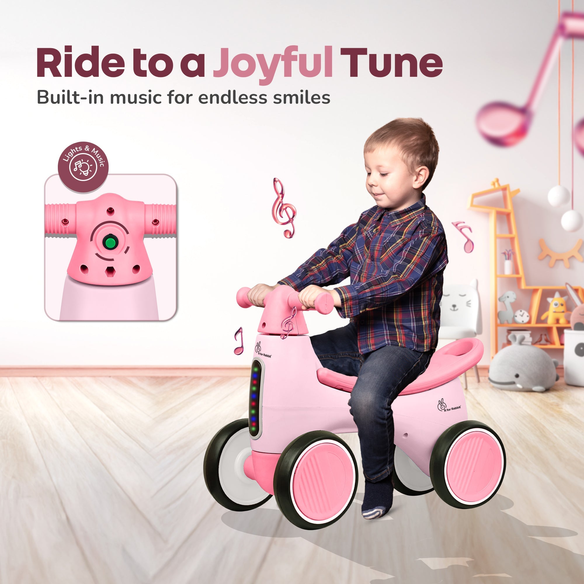 R for Rabbit Speedster Glider Baby Ride On Car – Fun Push Ride with Music, LED Lights, Toy Storage & EVA Wheels