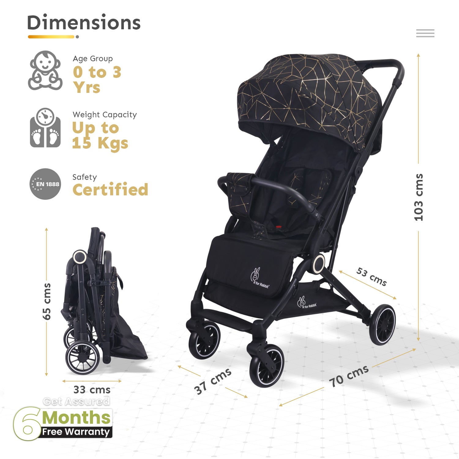 R for Rabbit Pocket Air Stroller - One Hand Fold, Light Weight, Travel Friendly, Adjustable Canopy