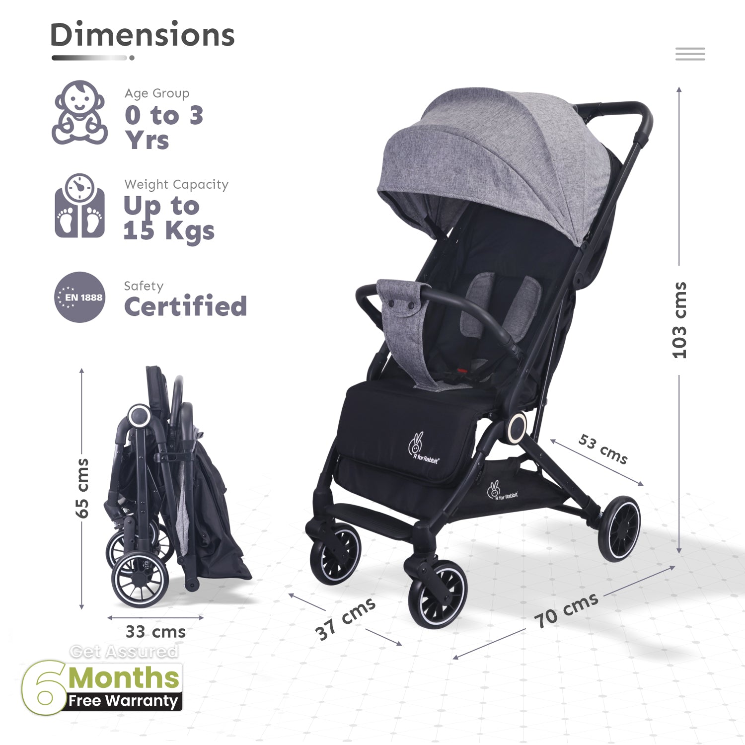 R for Rabbit Pocket Air Stroller - One Hand Fold, Light Weight, Travel Friendly, Adjustable Canopy