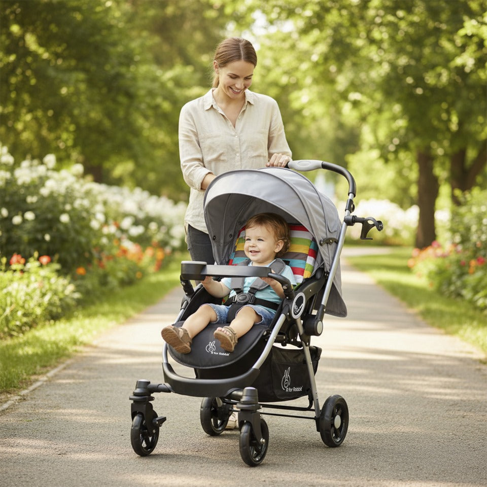 Chocolate Ride Stroller For Kids - Reversible Handle, Multiple Recline Positions, Cup Holder with Meal Tray, 5 Point Safety Harness, Storage Basket