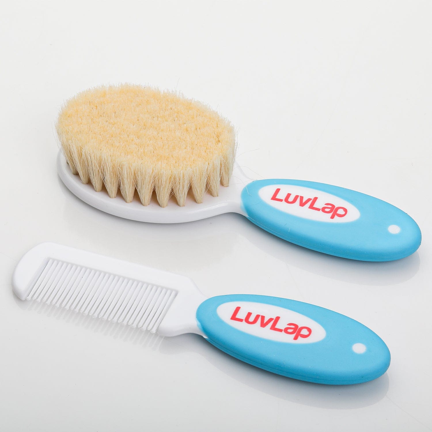 LuvLap Baby Comb with Rounded Tips & Baby Hair Brush with Natural Bristles, (White & Blue)