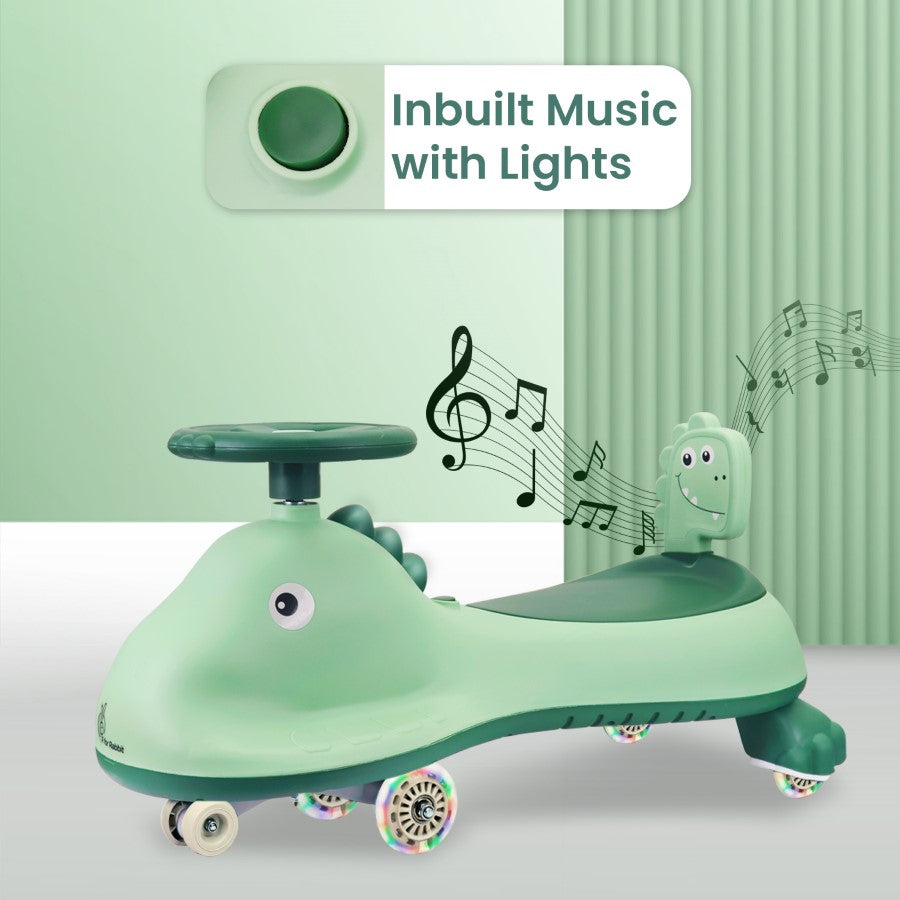 R for Rabbit Iya Iya Dino Swing Car For Kids - Inbuilt Music With Light, PU LED Wheels, ABEC 7 Bearing, Up to 100 Kgs Capacity