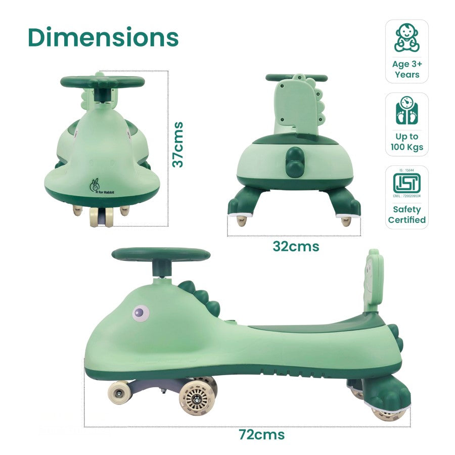 R for Rabbit Iya Iya Dino Swing Car For Kids - Inbuilt Music With Light, PU LED Wheels, ABEC 7 Bearing, Up to 100 Kgs Capacity
