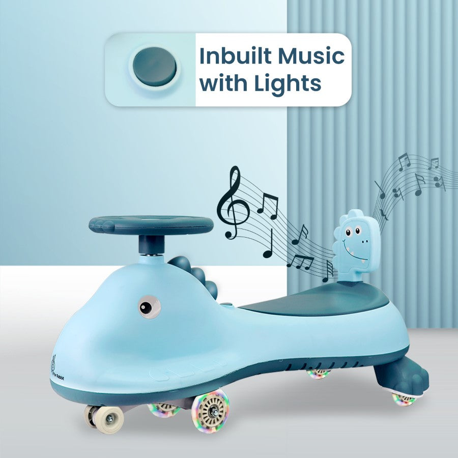 R for Rabbit Iya Iya Dino Swing Car For Kids - Inbuilt Music With Light, PU LED Wheels, ABEC 7 Bearing, Up to 100 Kgs Capacity