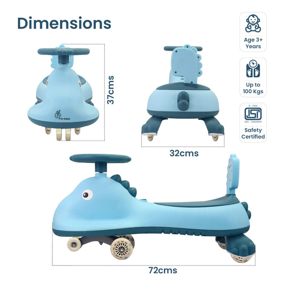 R for Rabbit Iya Iya Dino Swing Car For Kids - Inbuilt Music With Light, PU LED Wheels, ABEC 7 Bearing, Up to 100 Kgs Capacity
