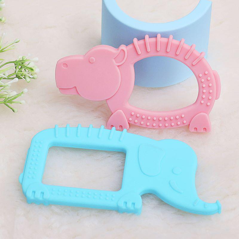 R for Rabbit Tiny Bites Safari – Cute Baby Silicone Teether - Elephant Blue + Hippo Pink
