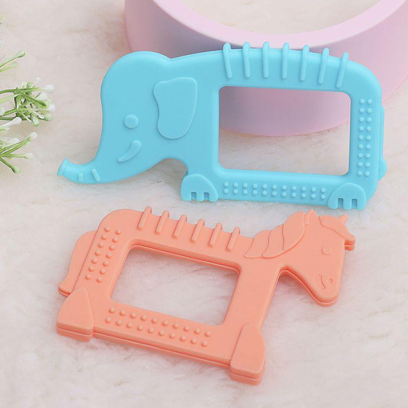 R for Rabbit Tiny Bites Safari – Cute Baby Silicone Teether - Elephant Blue + Horse Orange