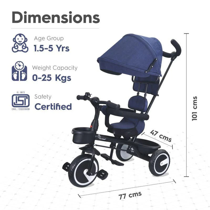 R for Rabbit Tiny Toes T30 Ace Tricycle - 3 in 1, Adjustable Parental Control & Canopy, Front & Rear Basket