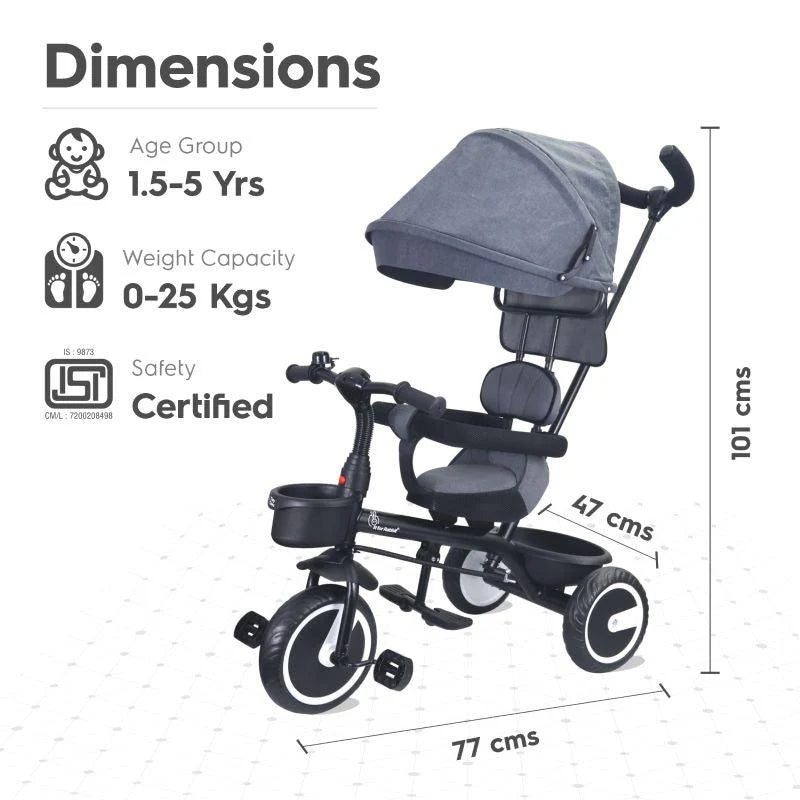 R for Rabbit Tiny Toes T30 Ace Tricycle - 3 in 1, Adjustable Parental Control & Canopy, Front & Rear Basket