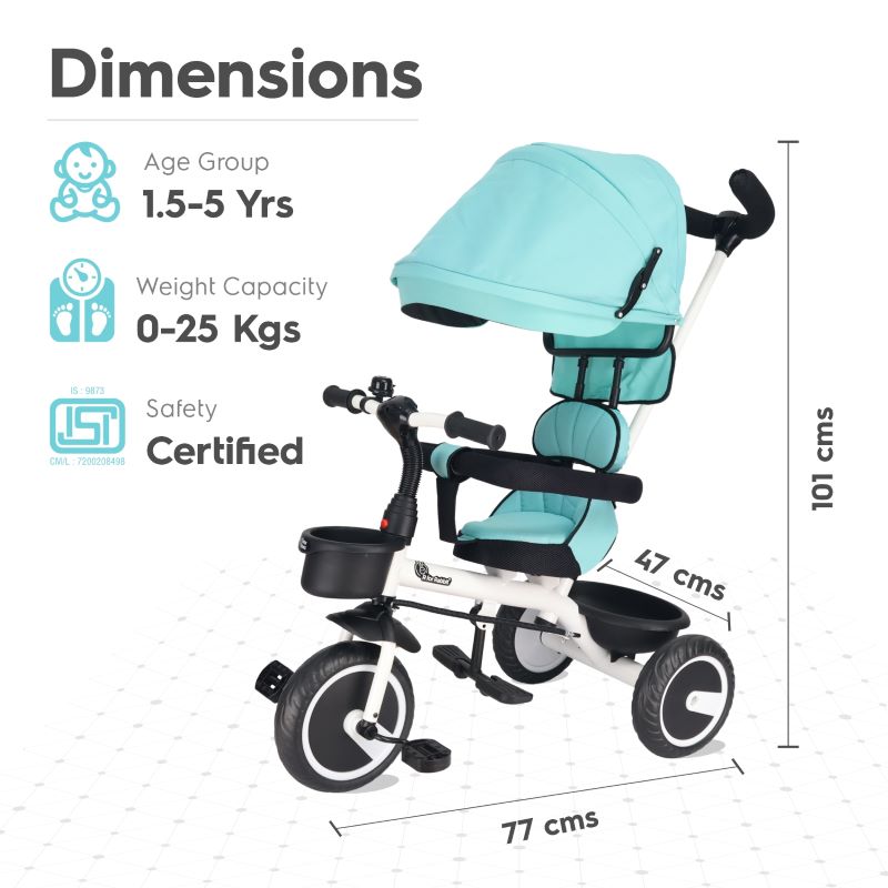 R for Rabbit Tiny Toes T30 Ace Tricycle - 3 in 1, Adjustable Parental Control & Canopy, Front & Rear Basket