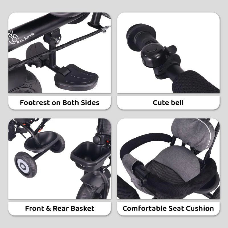 R for Rabbit Tiny Toes T40 Ace Tricycle - EVA Wheels, 360 Rotatable Seat, Adjustable Canopy, Parental Control, Front & Rear Baskets