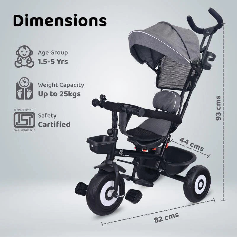 R for Rabbit Tiny Toes T40 Ace Tricycle - EVA Wheels, 360 Rotatable Seat, Adjustable Canopy, Parental Control, Front & Rear Baskets