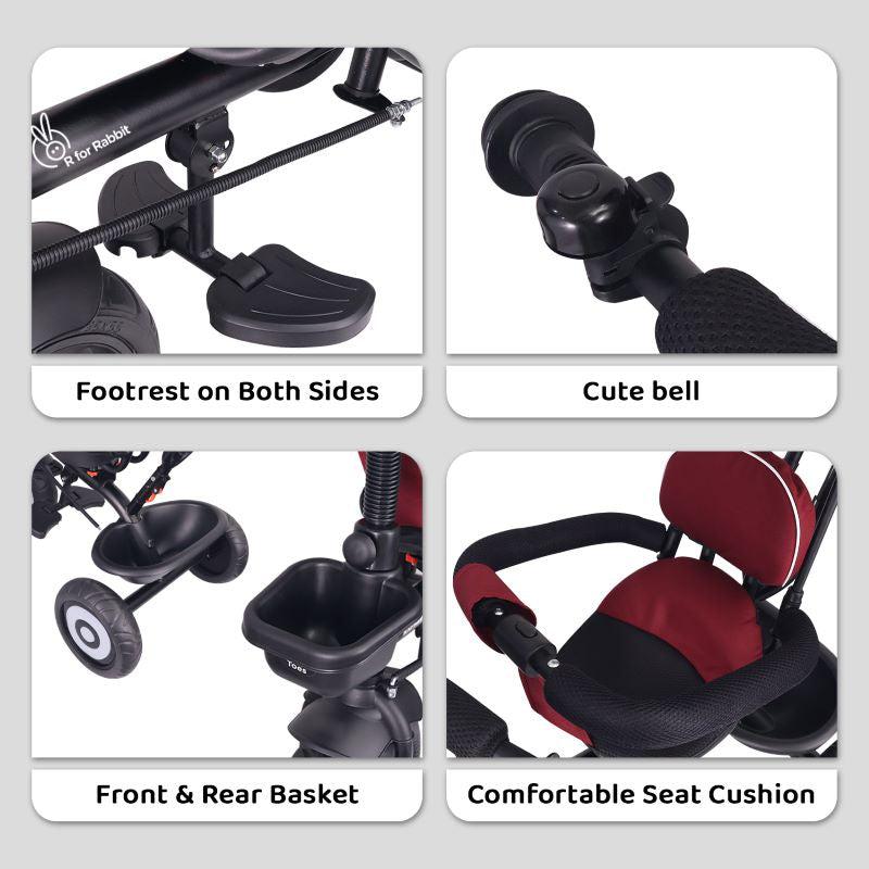 R for Rabbit Tiny Toes T40 Ace Tricycle - EVA Wheels, 360 Rotatable Seat, Adjustable Canopy, Parental Control, Front & Rear Baskets