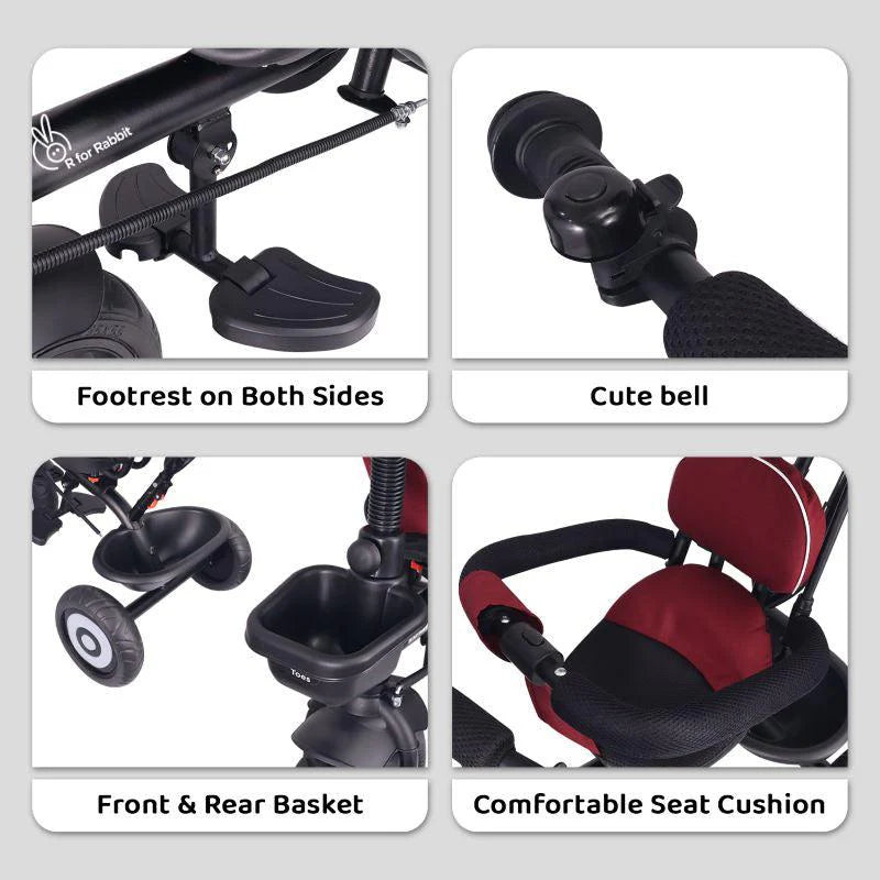 R for Rabbit Tiny Toes T40 Ace Tricycle - EVA Wheels, 360 Rotatable Seat, Adjustable Canopy, Parental Control, Front & Rear Baskets
