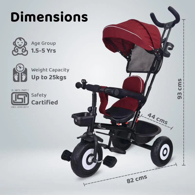 R for Rabbit Tiny Toes T40 Ace Tricycle - EVA Wheels, 360 Rotatable Seat, Adjustable Canopy, Parental Control, Front & Rear Baskets