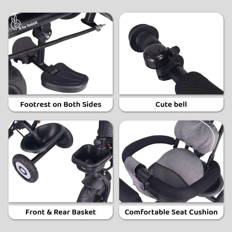 R for Rabbit Tiny Toes T40 Plus Tricycle - Rubber Wheels, 360 Rotatable Seat, Adjustable Canopy, Parental Control, Front & Rear Baskets, 1.5-5 years