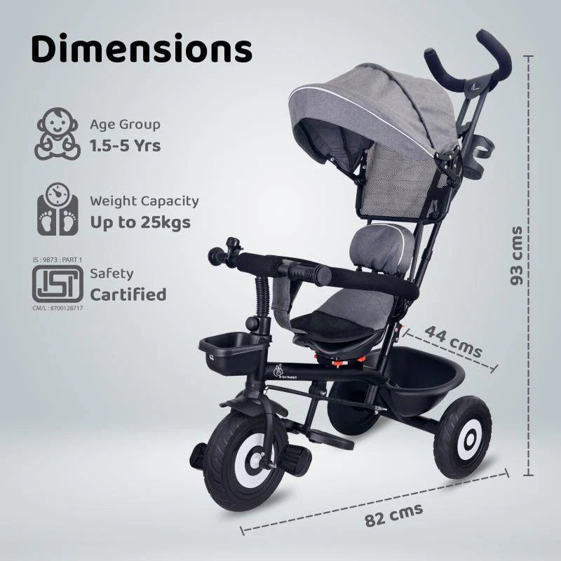 R for Rabbit Tiny Toes T40 Plus Tricycle - Rubber Wheels, 360 Rotatable Seat, Adjustable Canopy, Parental Control, Front & Rear Baskets, 1.5-5 years