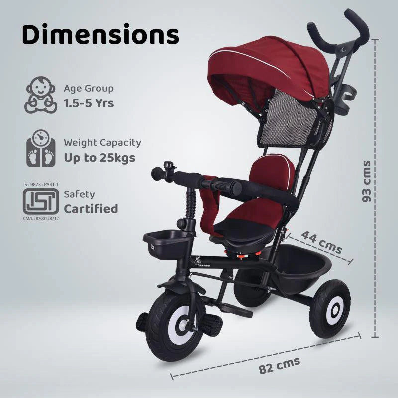 R for Rabbit Tiny Toes T40 Plus Tricycle - Rubber Wheels, 360 Rotatable Seat, Adjustable Canopy, Parental Control, Front & Rear Baskets, 1.5-5 years