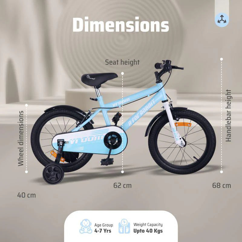 R for Rabbit Vroom Bicycle For Kids 16 Inch With 90% Plug And Play For Ease Of Installation, Wide Training Wheels, Adjustable Seat, 4-7yrs, Upto 40kgs