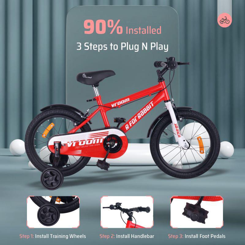 R for Rabbit Vroom Bicycle For Kids 16 Inch With 90% Plug And Play For Ease Of Installation, Wide Training Wheels, Adjustable Seat, 4-7yrs, Upto 40kgs
