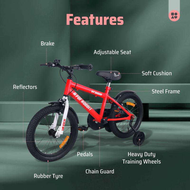 R for Rabbit Vroom Bicycle For Kids 16 Inch With 90% Plug And Play For Ease Of Installation, Wide Training Wheels, Adjustable Seat, 4-7yrs, Upto 40kgs