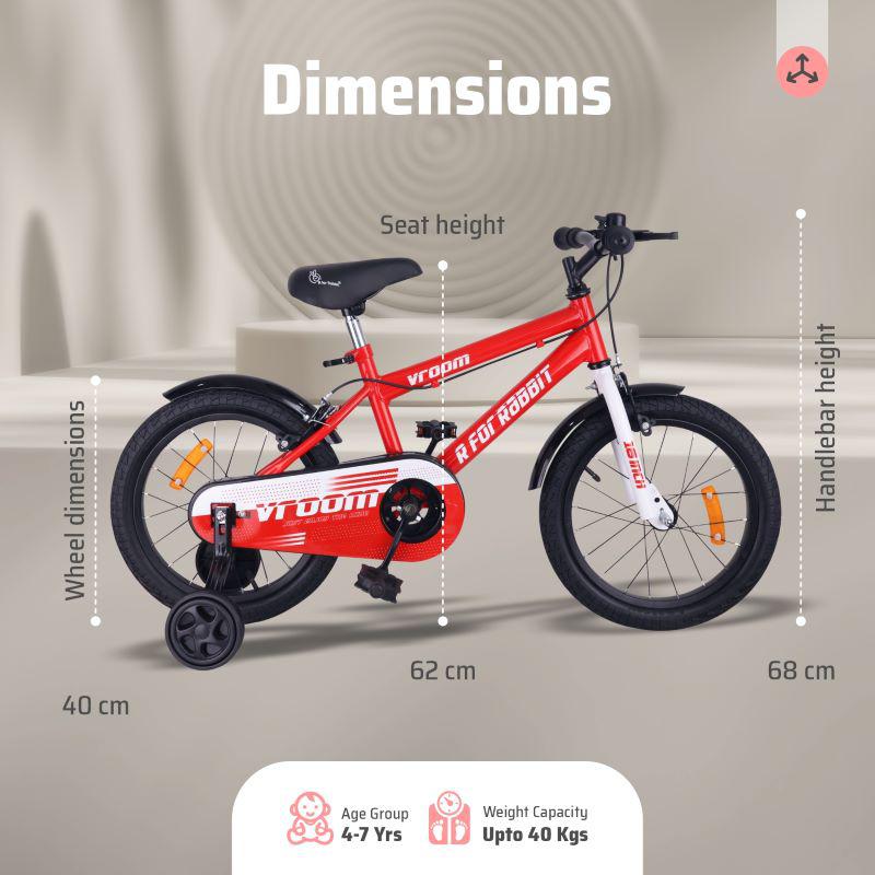 R for Rabbit Vroom Bicycle For Kids 16 Inch With 90% Plug And Play For Ease Of Installation, Wide Training Wheels, Adjustable Seat, 4-7yrs, Upto 40kgs