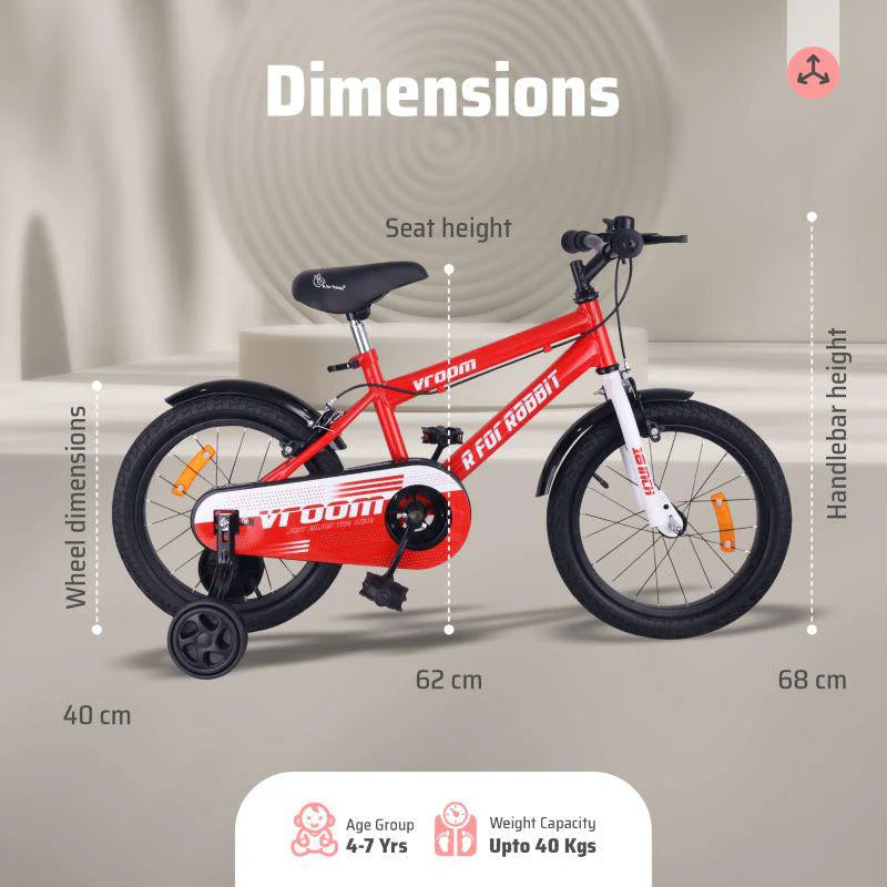 R for Rabbit Vroom Bicycle For Kids 16 Inch With 90% Plug And Play For Ease Of Installation, Wide Training Wheels, Adjustable Seat, 4-7yrs, Upto 40kgs