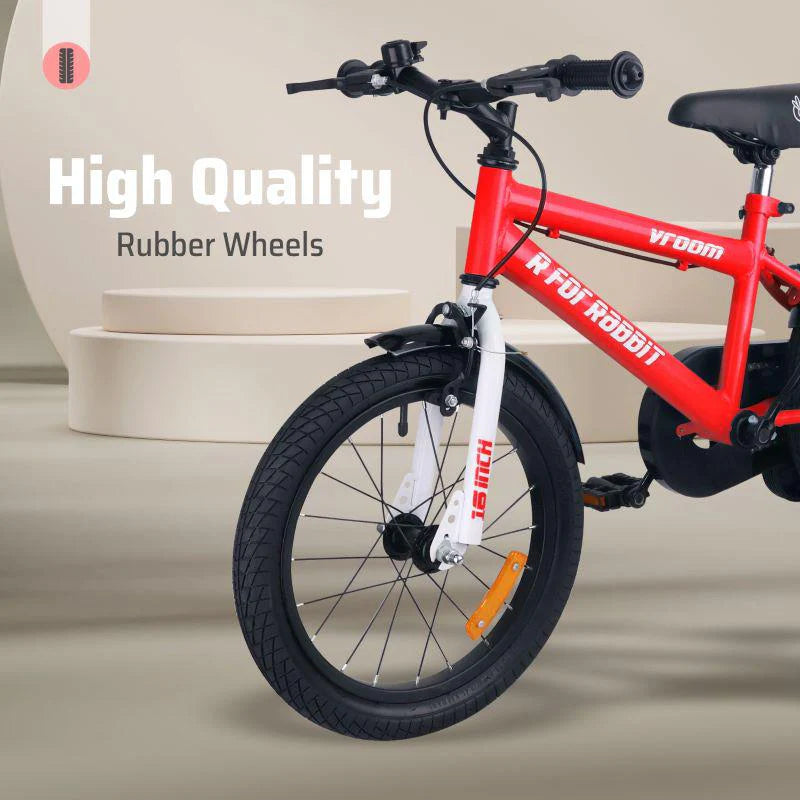 R for Rabbit Vroom Bicycle For Kids 16 Inch With 90% Plug And Play For Ease Of Installation, Wide Training Wheels, Adjustable Seat, 4-7yrs, Upto 40kgs
