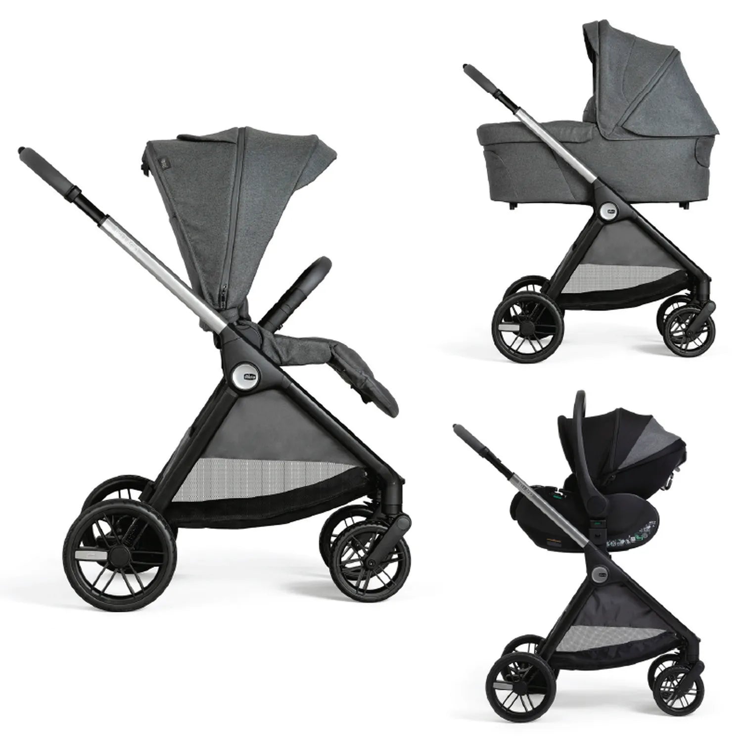 chicco Bellagio Stroller Black Satin + Kory Plus Baby Car Seat Black Satin + Gran Comfort Carrycot Black Satin