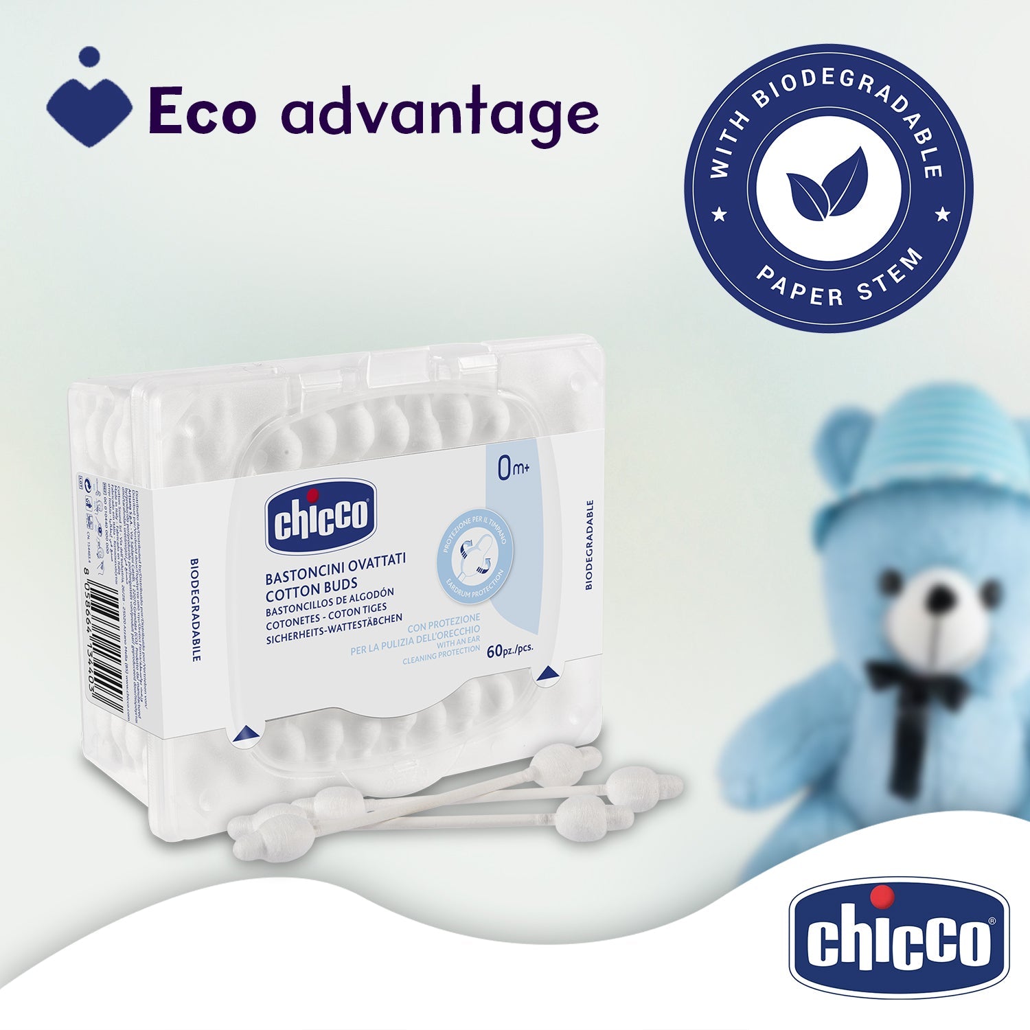 chicco Cotton Buds With Ear Drum Protection 60Pcs