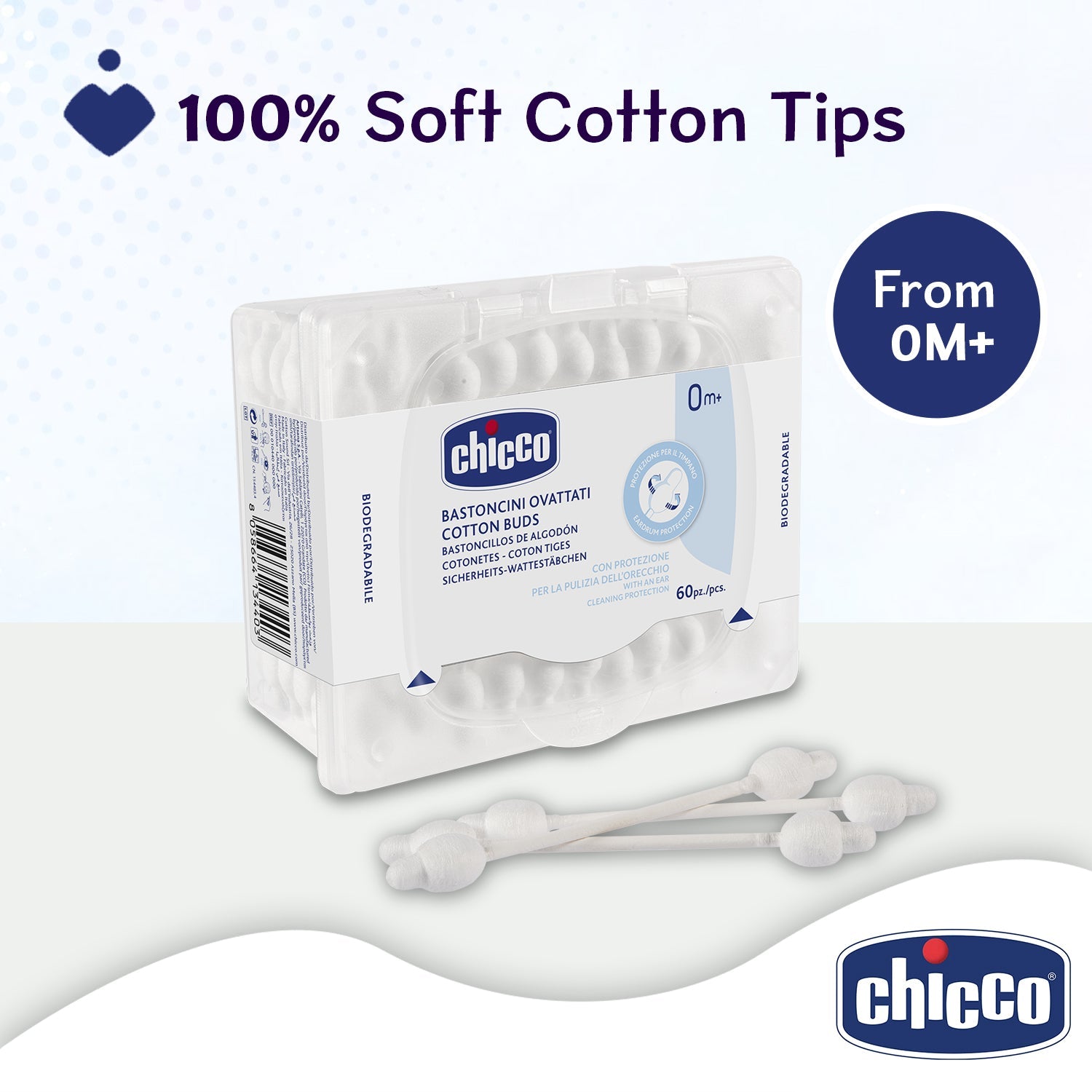 chicco Cotton Buds With Ear Drum Protection 60Pcs